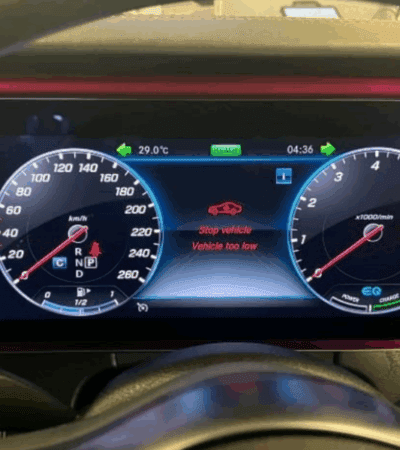 Mercedes-Benz dashboard showing suspension warning message “Stop vehicle, vehicle too low”