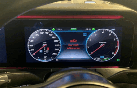 Mercedes-Benz dashboard showing suspension warning message “Stop vehicle, vehicle too low”