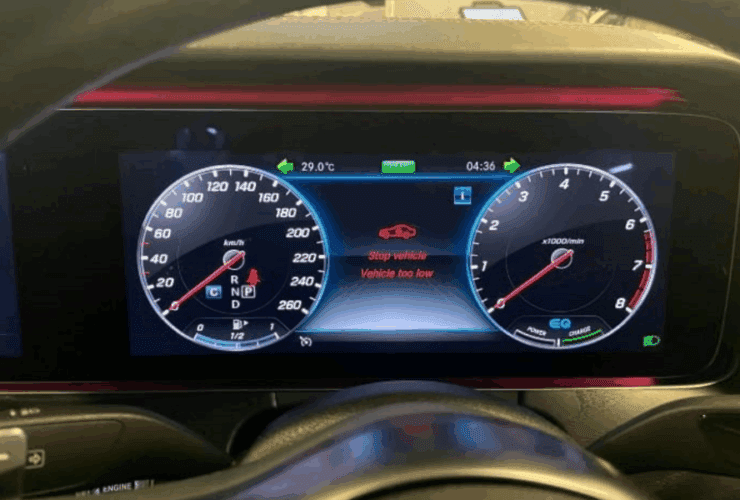 Mercedes-Benz dashboard showing suspension warning message “Stop vehicle, vehicle too low”