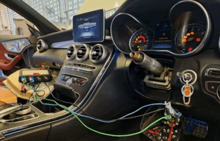 Mercedes-Benz interior showing diagnostic tools connected to the ignition and dashboard warning lights during no-start troubleshooting.