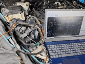 Technician using laptop with Mercedes wiring diagram to diagnose SAM, ECU, and CAN Bus faults in engine bay