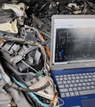 Technician using laptop with Mercedes wiring diagram to diagnose SAM, ECU, and CAN Bus faults in engine bay