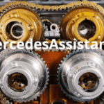 Mercedes engine timing chain and cam phasers exposed during noise and vibration diagnosis – rattling, knocking, and vibration troubleshooting.