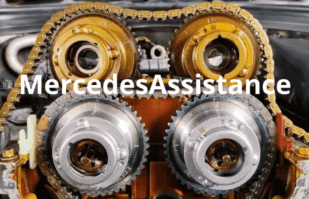 Mercedes engine timing chain and cam phasers exposed during noise and vibration diagnosis – rattling, knocking, and vibration troubleshooting.